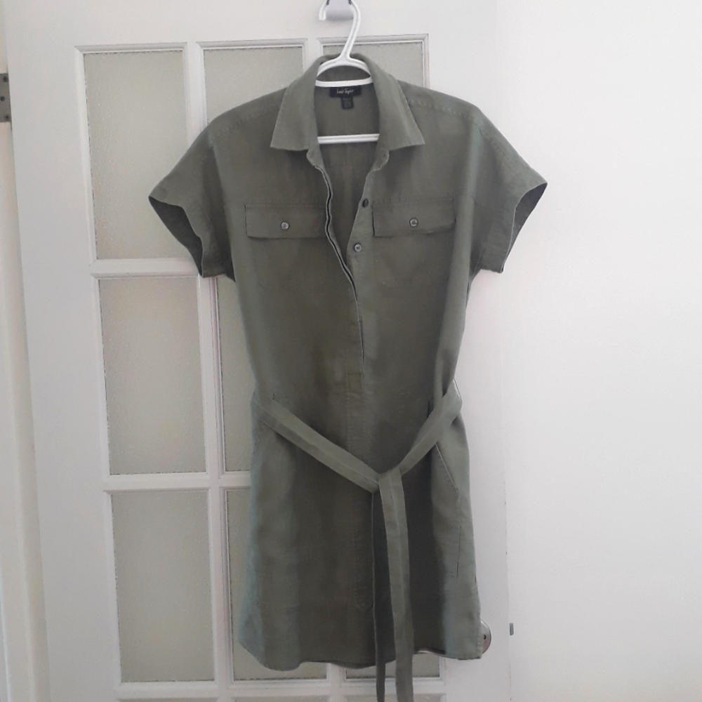 Lord & Taylor 100% Linen Shirtdress In Olive Green, Size US-S